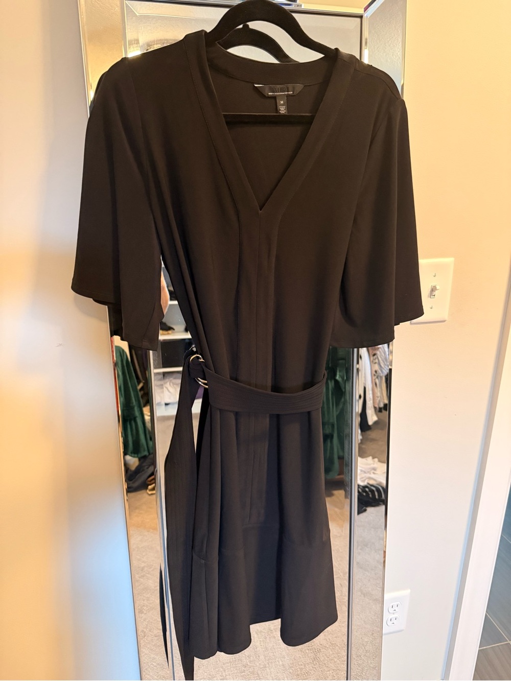 White House Black Market Black V-Neck Midi Dress with Tie Belt
